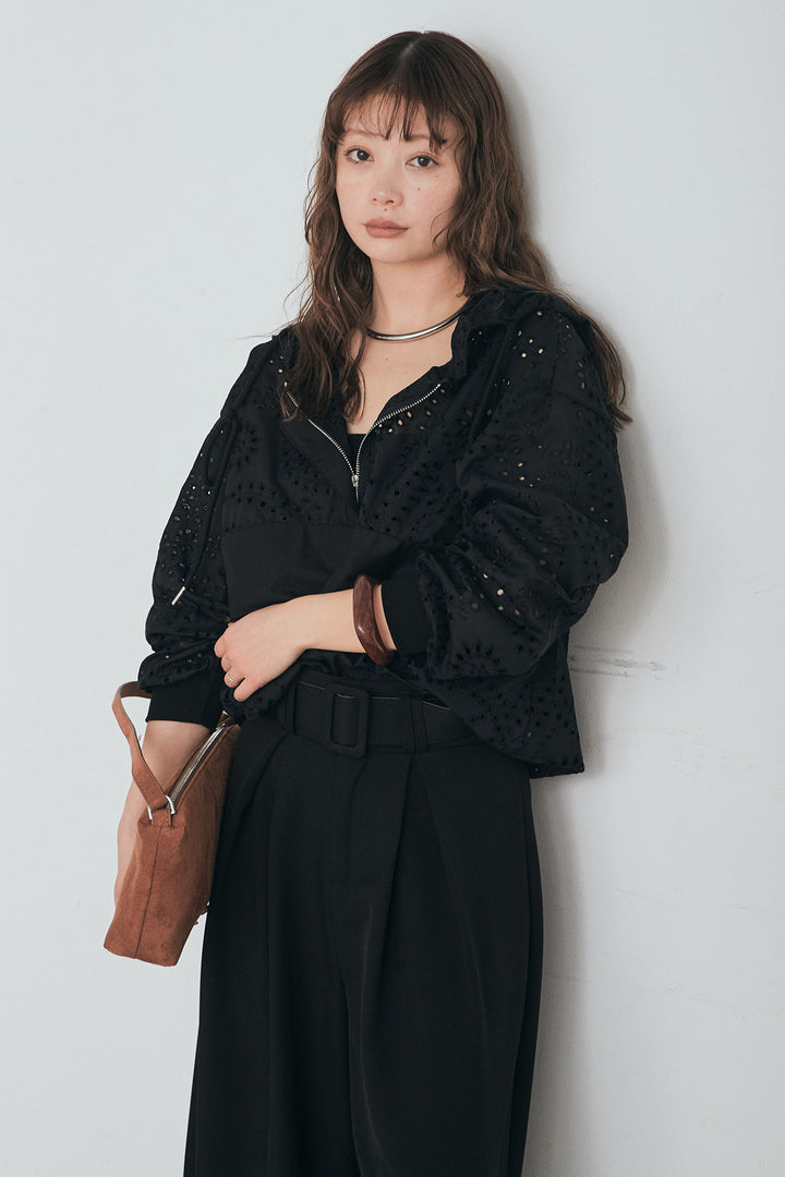 [SET]レースハーフジップアップフーディー+ベルト付きツータックワイドパンツ(2set)