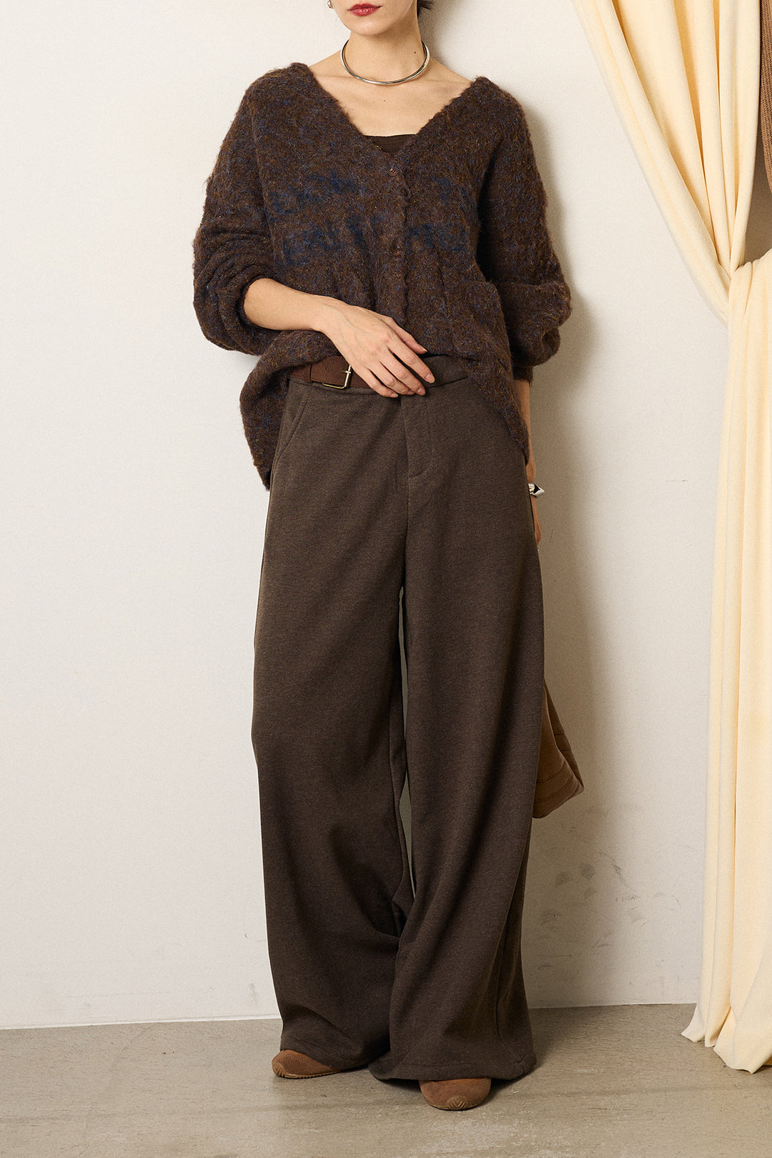 [SET]ウール混透かしロゴニットカーディガン+サイドベルトパンツ(2set)