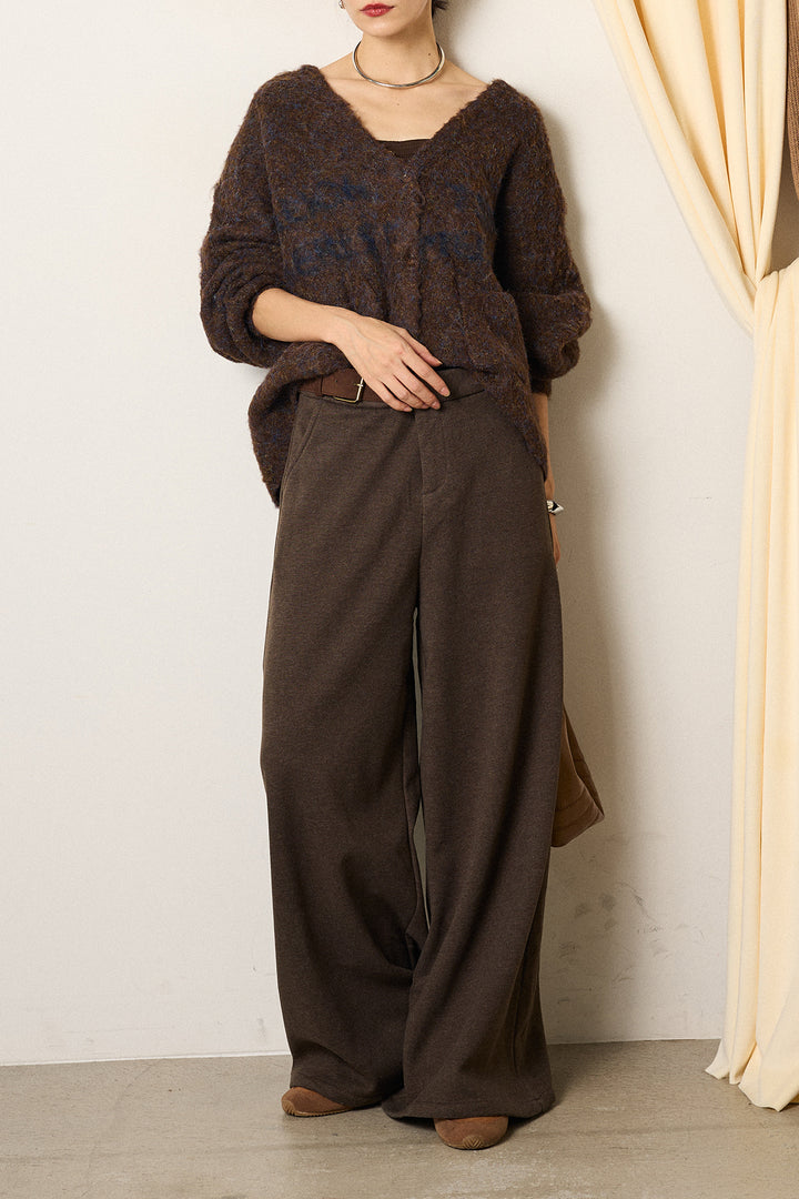 [SET]ウール混透かしロゴニットカーディガン+サイドベルトパンツ(2set)