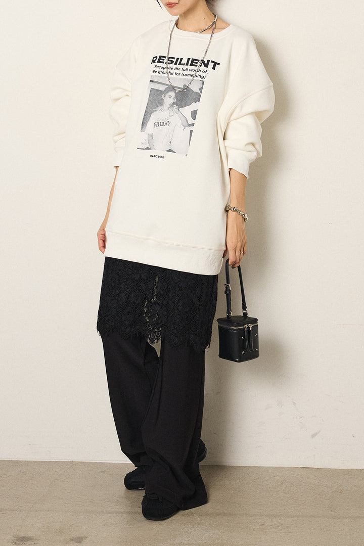 [SET]モノトーンプリントスウェット+レース刺繍レイヤードフレアパンツ(2set)