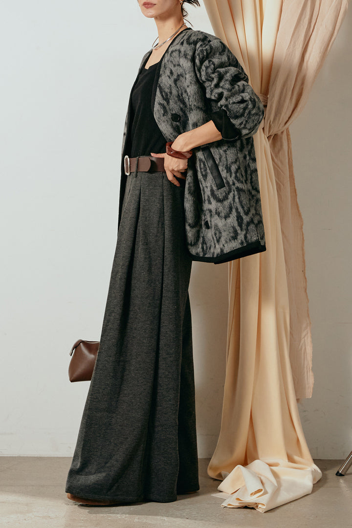 [SET]ノーカラーレオパード柄アウター+フェイクレザー太ベルト付きタックワイドパンツ(2set)