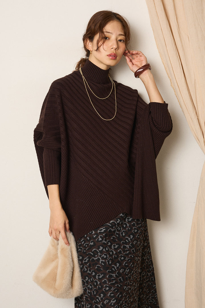 [SET]アシメデザインリブポンチョニットトップス+レオパードロングスカート(2set)