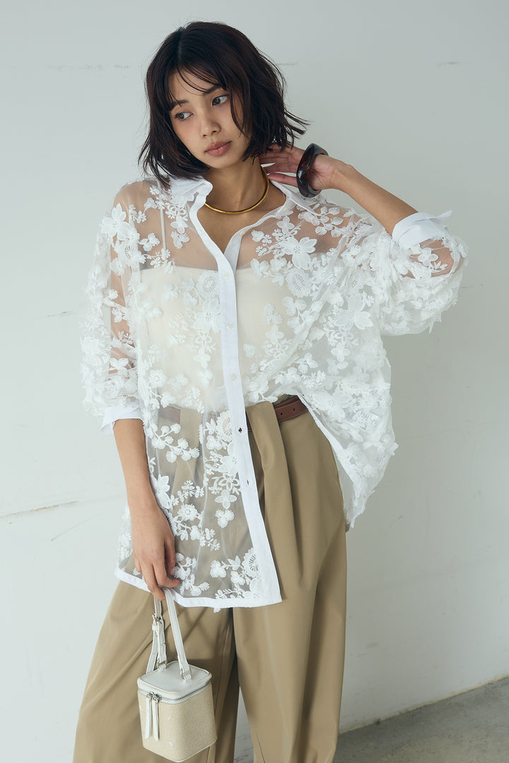 [SET]立体フラワー刺繍レースシャツ+ベルトループデザインハイウエストタックパンツ(2set)
