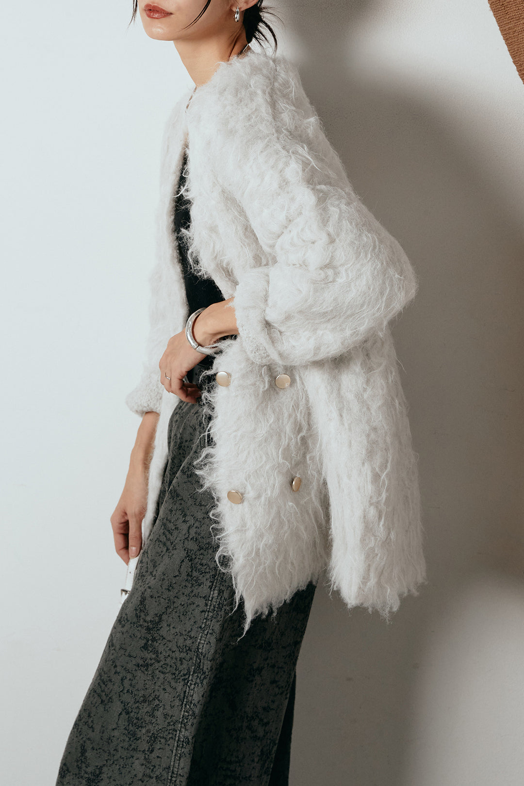 [SET]ウェーブシャギーニットジャケット+ベルト付きニュアンス柄カーブワイドパンツ(2set)