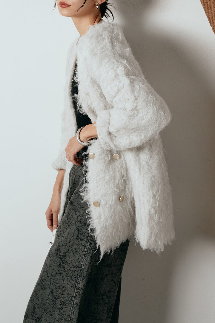 [SET]ウェーブシャギーニットジャケット+ベルト付きニュアンス柄カーブワイドパンツ(2set)