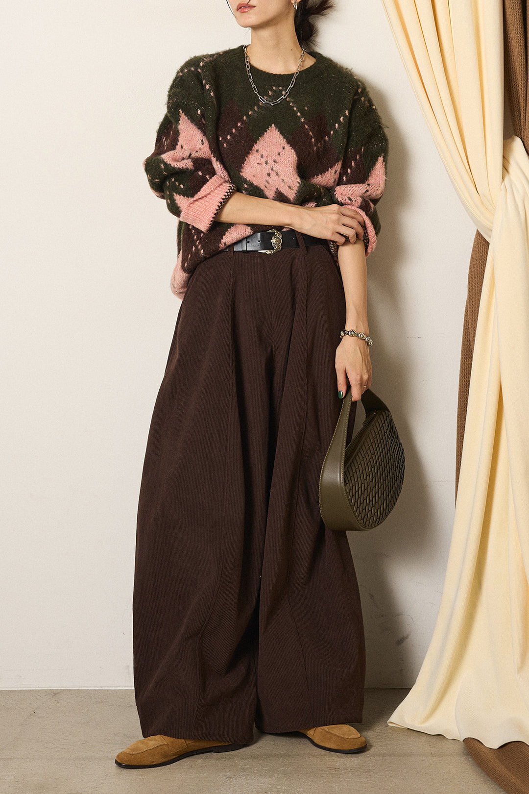 [SET]配色アーガイル柄ニットトップス+ベルト付きコーデュロイワイドパンツ(2set)