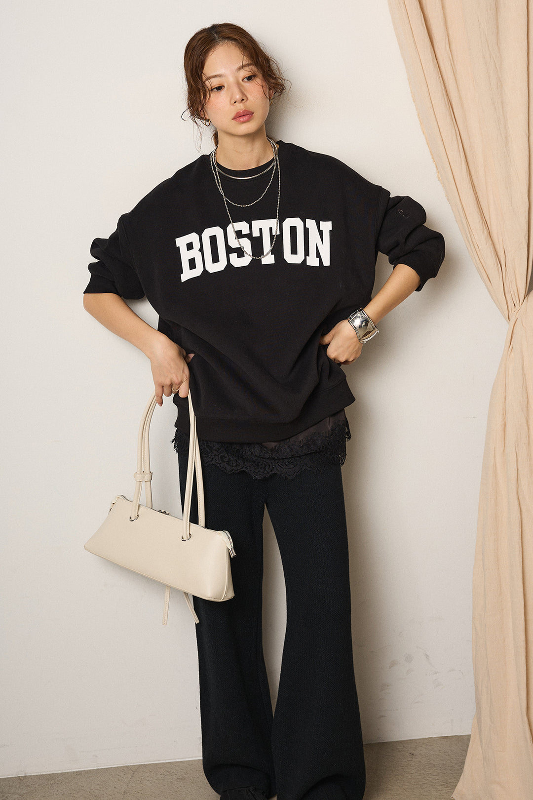 [SET]ロゴデザインルーズスウェット+ワイドリブニットイージーパンツ(2set)