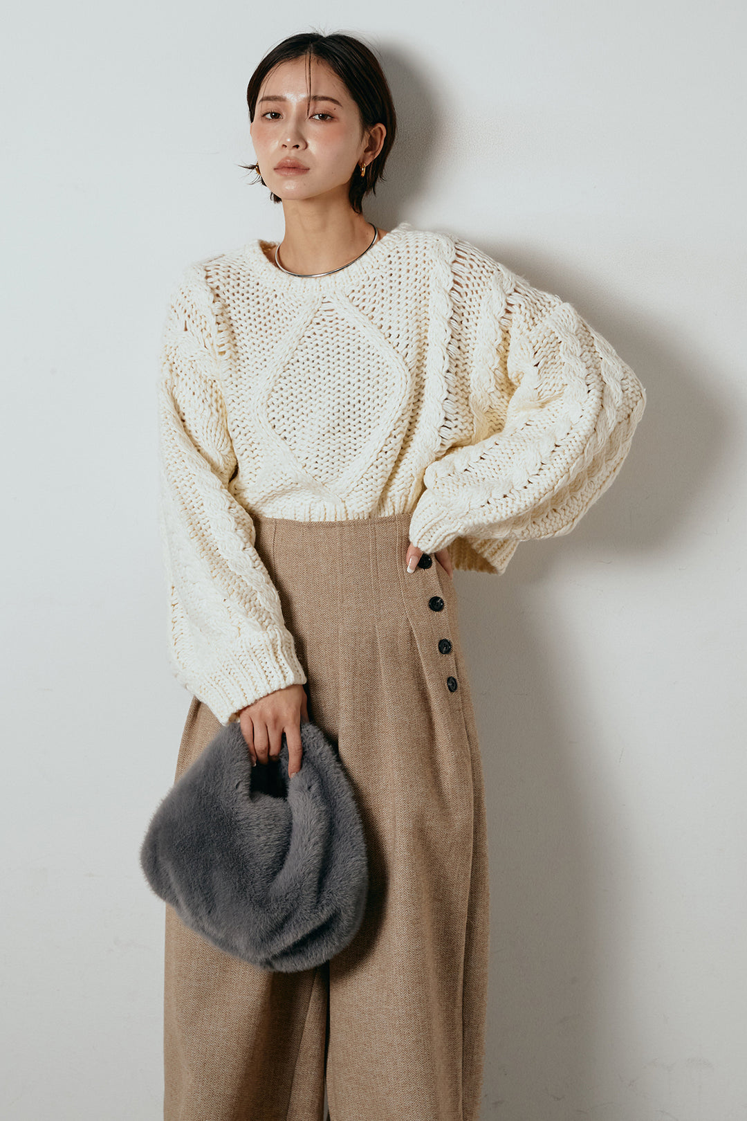 [SET]ロービングケーブルショート丈プルオーバー+サイドボタンツイードタックパンツ(2set)