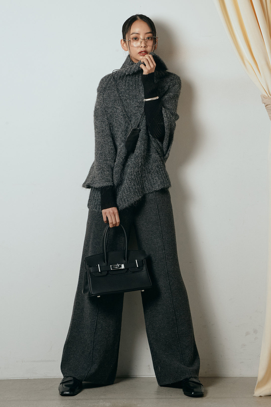 [SET]起毛ミディアムスリーブニットトップス+リブニットシームレスタートルプルオーバー+センターラインニットパンツ(3set)