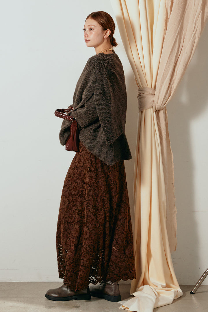 [SET]ケープデザインリブニットトップス+花柄刺繍ベロアフレアスカート(2set)