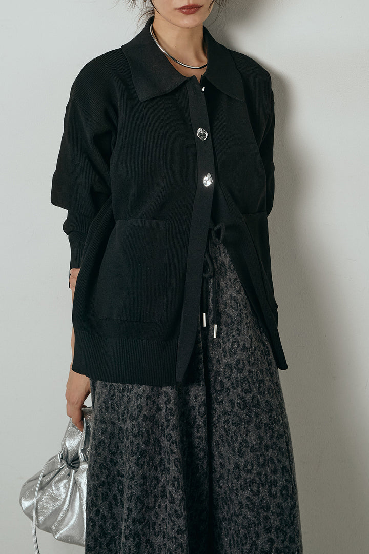 [SET]メタル釦衿付きニットカーディガン+リラックスレオパード柄ワイドパンツ(2set)