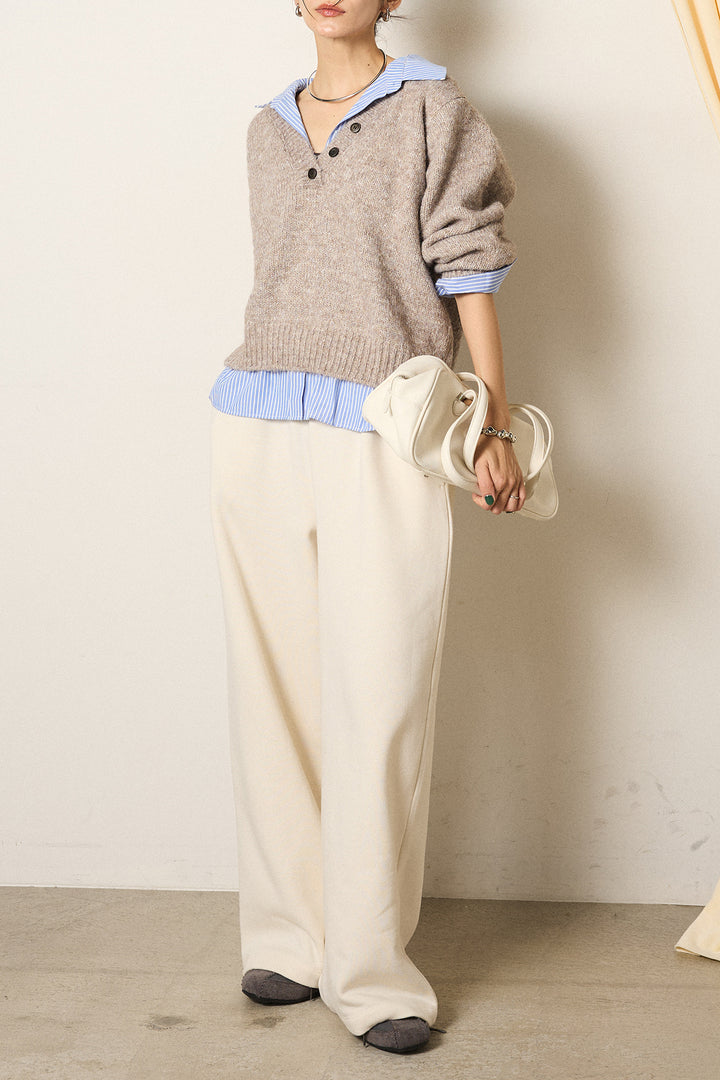 [SET]ストライプシャツドッキングニットポロトップス+裏起毛スウェットワイドパンツ(2set)