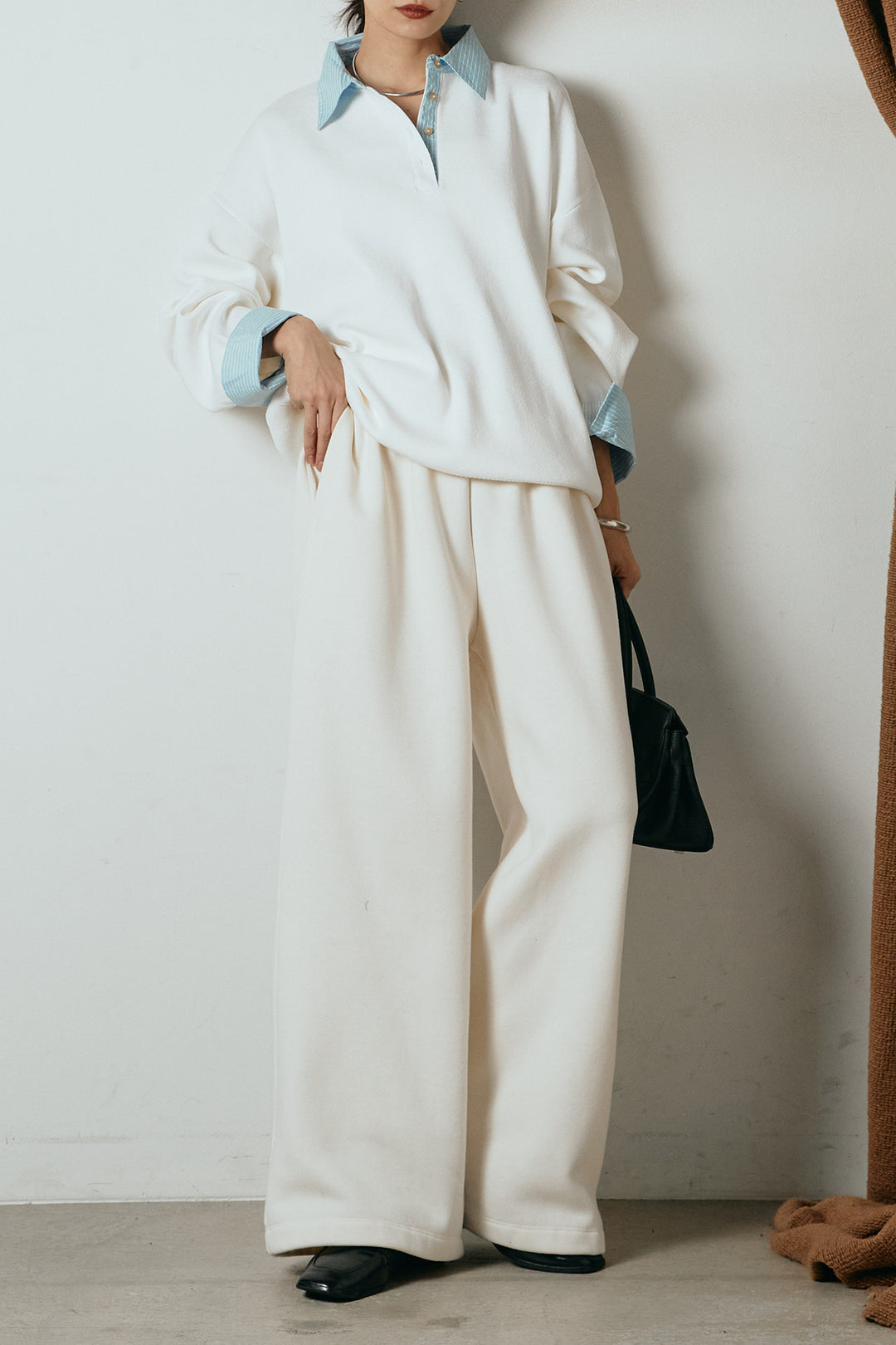 [SET]ストライプシャツドッキングポロトップス+裏起毛スウェットワイドパンツ(2set)