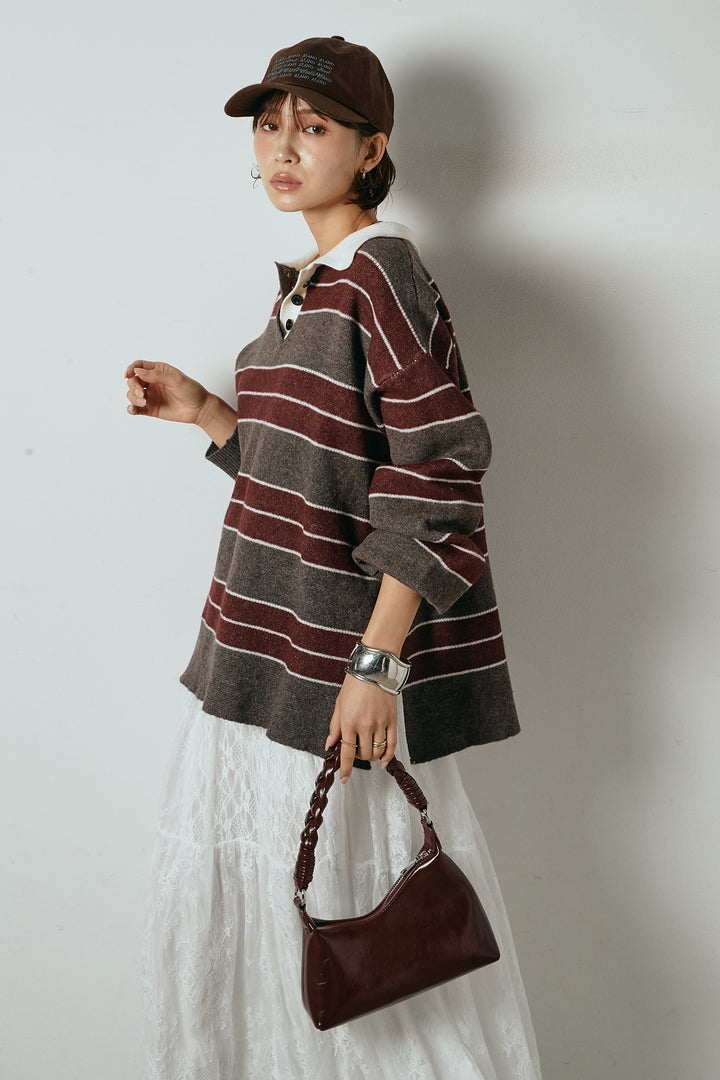 [SET]ラガーニットボーダーポロプルオーバー+ひげレース切替ロング丈スカート(2set)