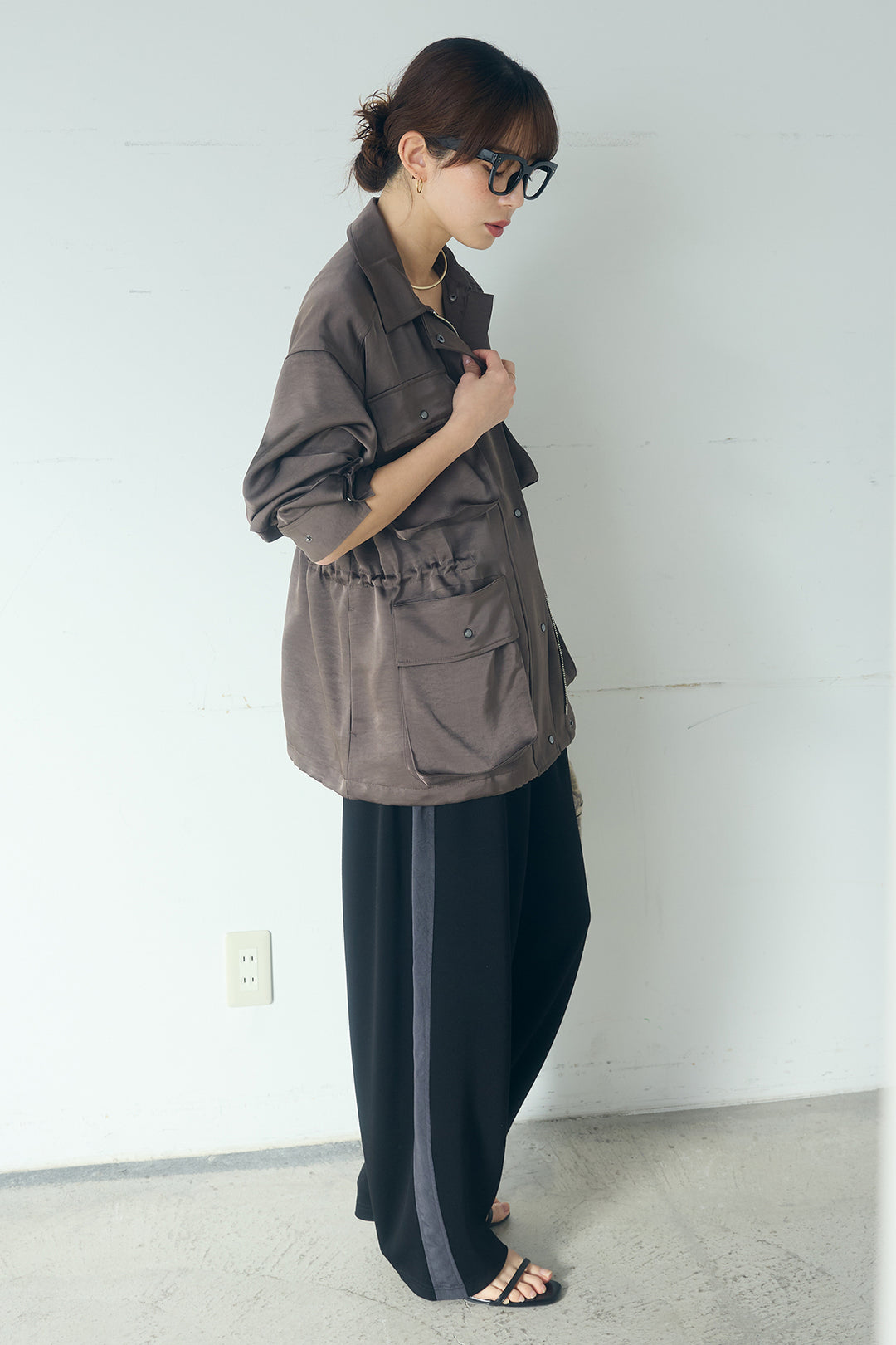 [SET]サテンライトブルゾン+異素材切り替えスウェットパンツ(2set)