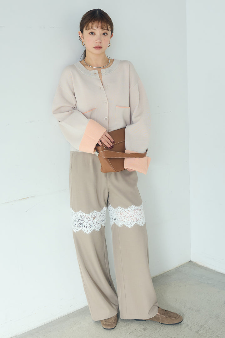 [SET]レーヨンポリダブルフェイスカーディガン+レース刺繍切替ワイドパンツ(2set)