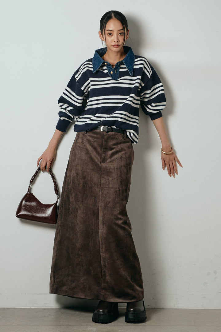 [SET]デニムレイヤード風ランダムボーダーニットプルオーバー+エコスウェードワイドスカート(2set)