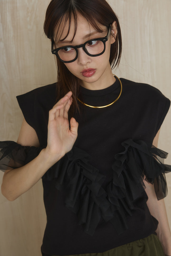 [SET]チュールフリルフレンチTシャツ+ルーズカーゴワイドパンツ(2set)