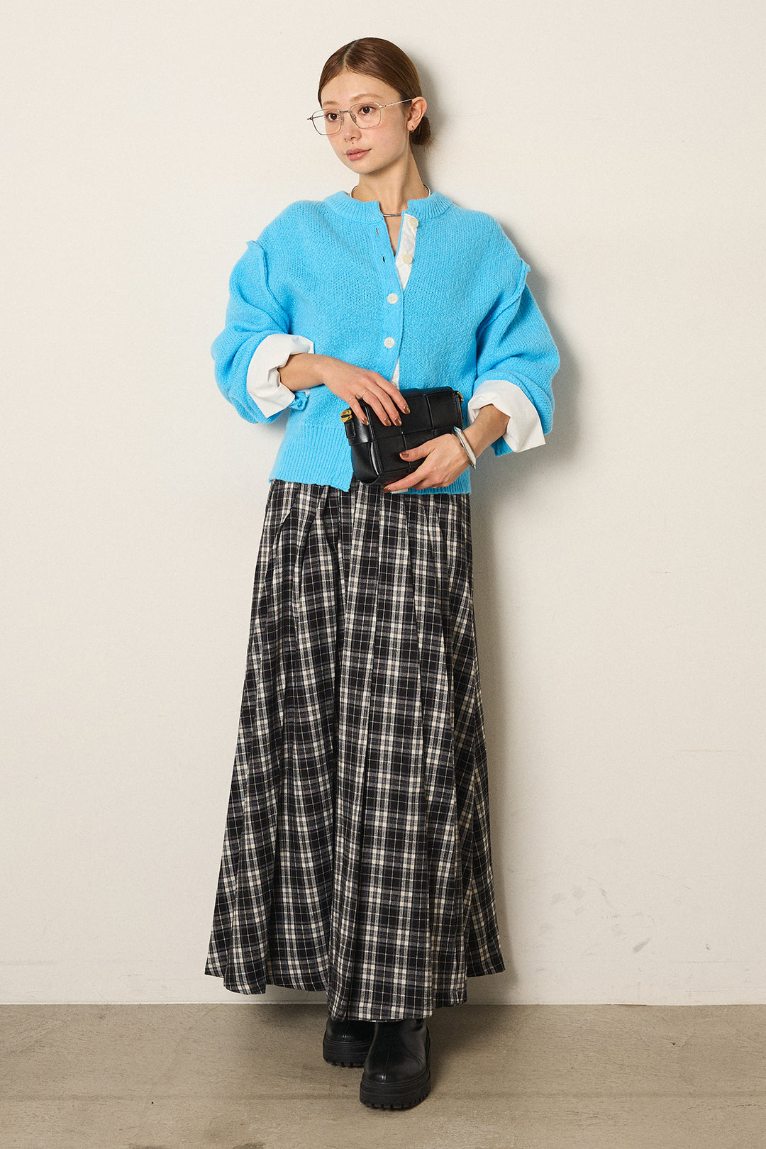 [SET]シャツドッキングニットカーディガン+ベルト付きタータンチェックプリーツスカート(2set)
