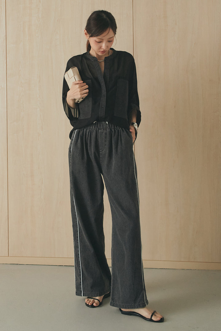 [SET]デニムライクビッグツーポケシアーシャツ+ドロストサイドラインデニムパンツ(2set)