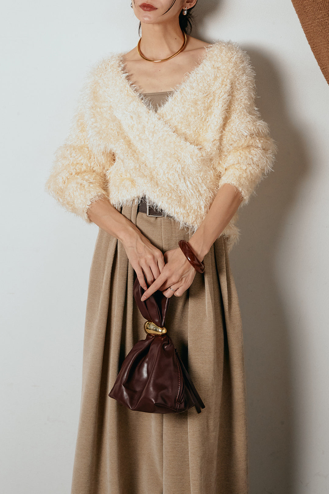 [SET]シャギークロスニットトップス+ベルトループコーデュロイワイドパンツ(2set)