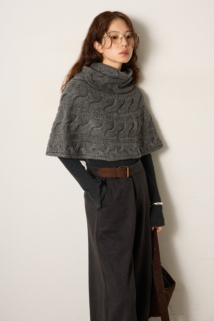 [SET]ケーブル編みケープレイヤードニット+サイドベルトパンツ(2set)