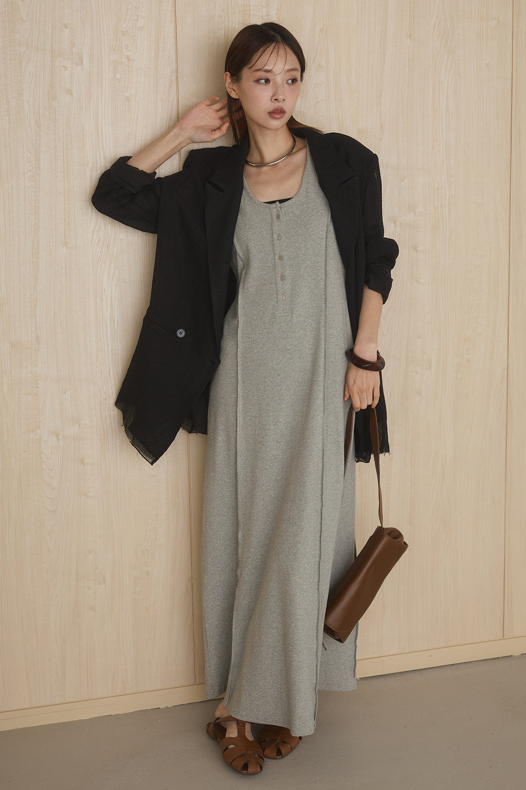 [SET]メッシュテーラードワイドジャケット+ノースリロングワンピース(2set)