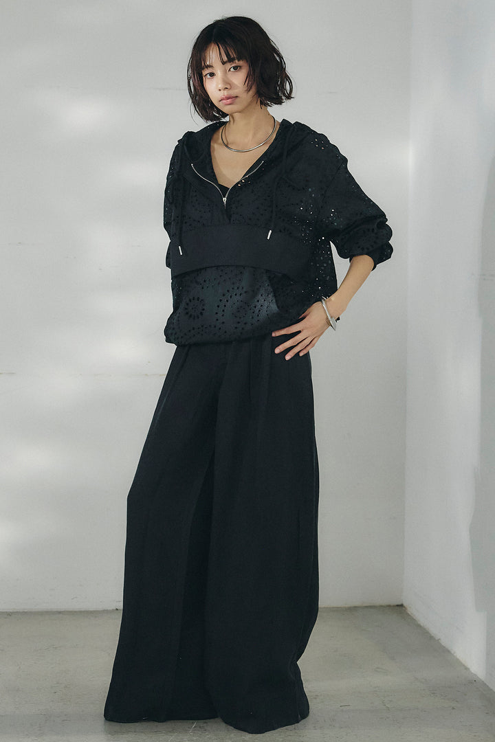 [SET]レースハーフジップアップフーディー+リネン混タックストレートワイドパンツ(2set)