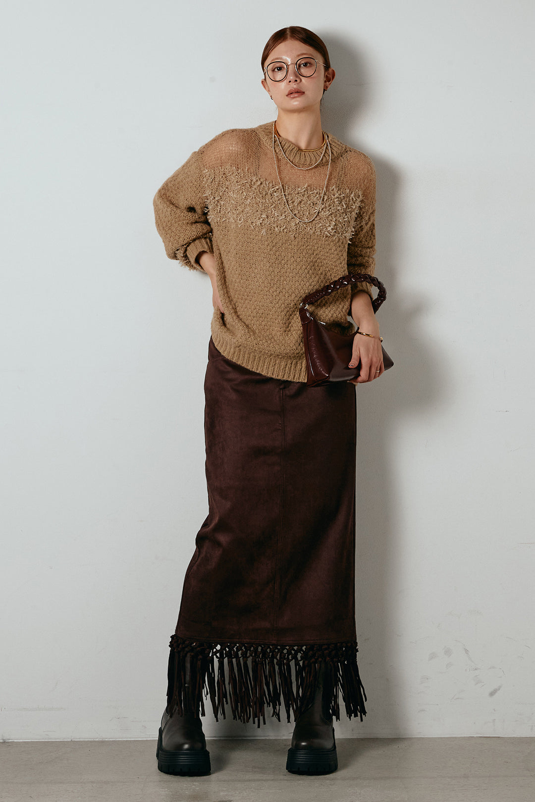 [SET]パターンランダム編みニットトップス+スウェードライク裾フリンジスカート(2set)