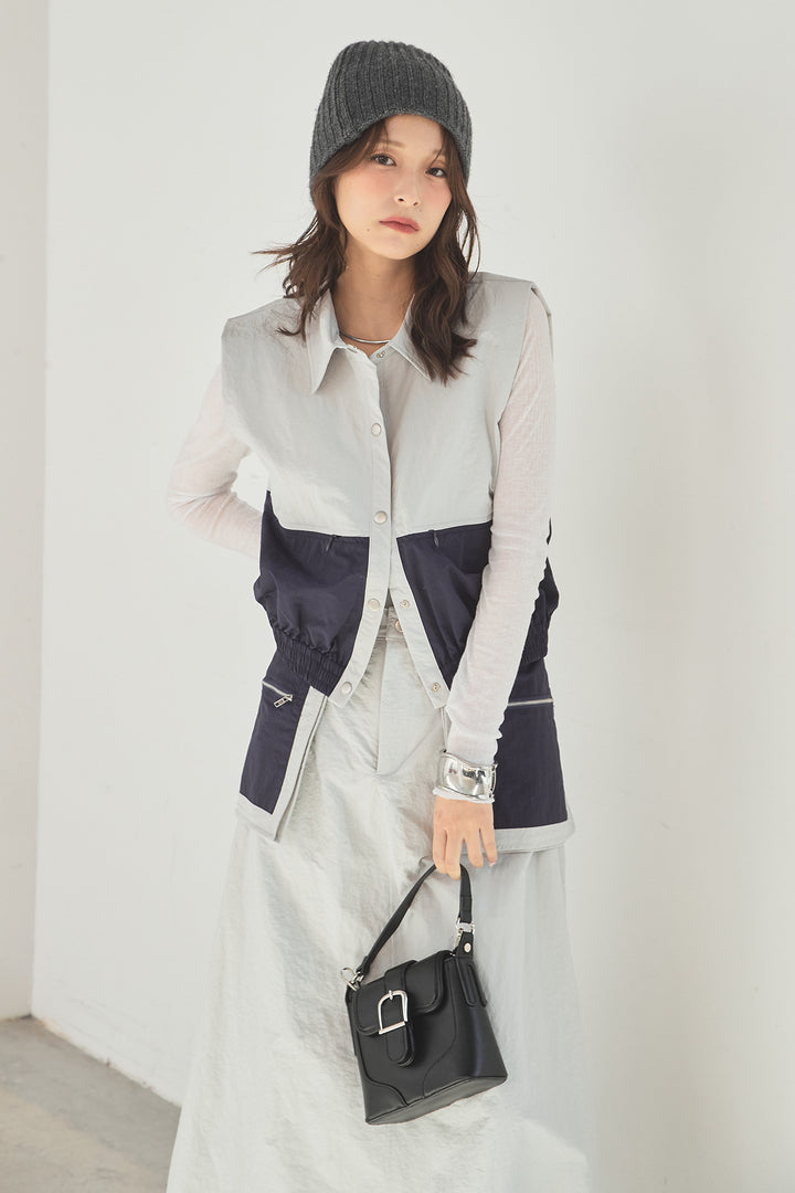 [SET]襟付きナイロンベスト+サイドデザインナイロンスカート+リブシアークルーネック長袖トップス(3set)