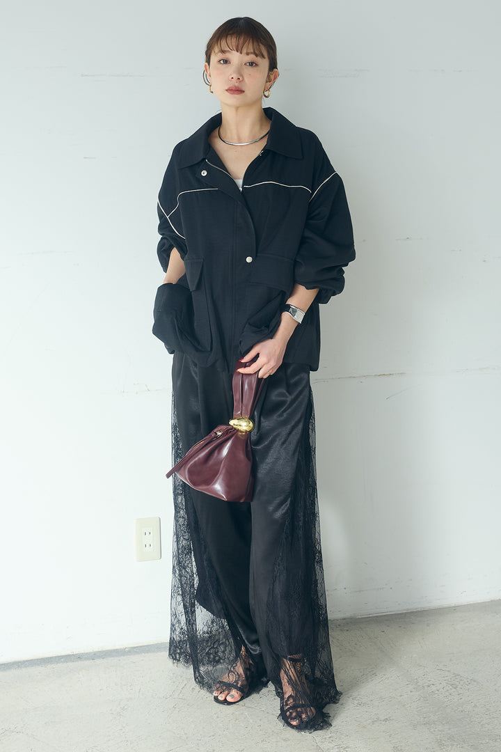 [SET]合繊ツイルバルーンジャケット+サテンレース切り替えタックパンツ(2set)