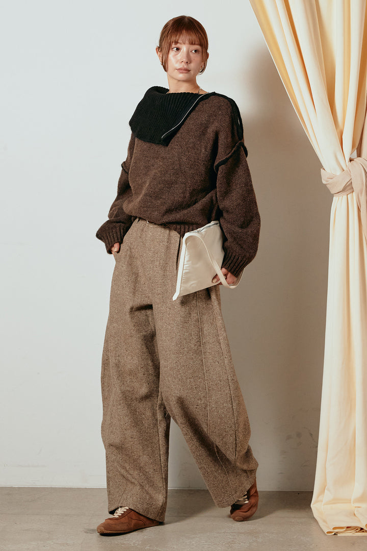 [SET]ハイネックジップデザインニットトップス+ベルト付きネップツイードカーブパンツ(2set)