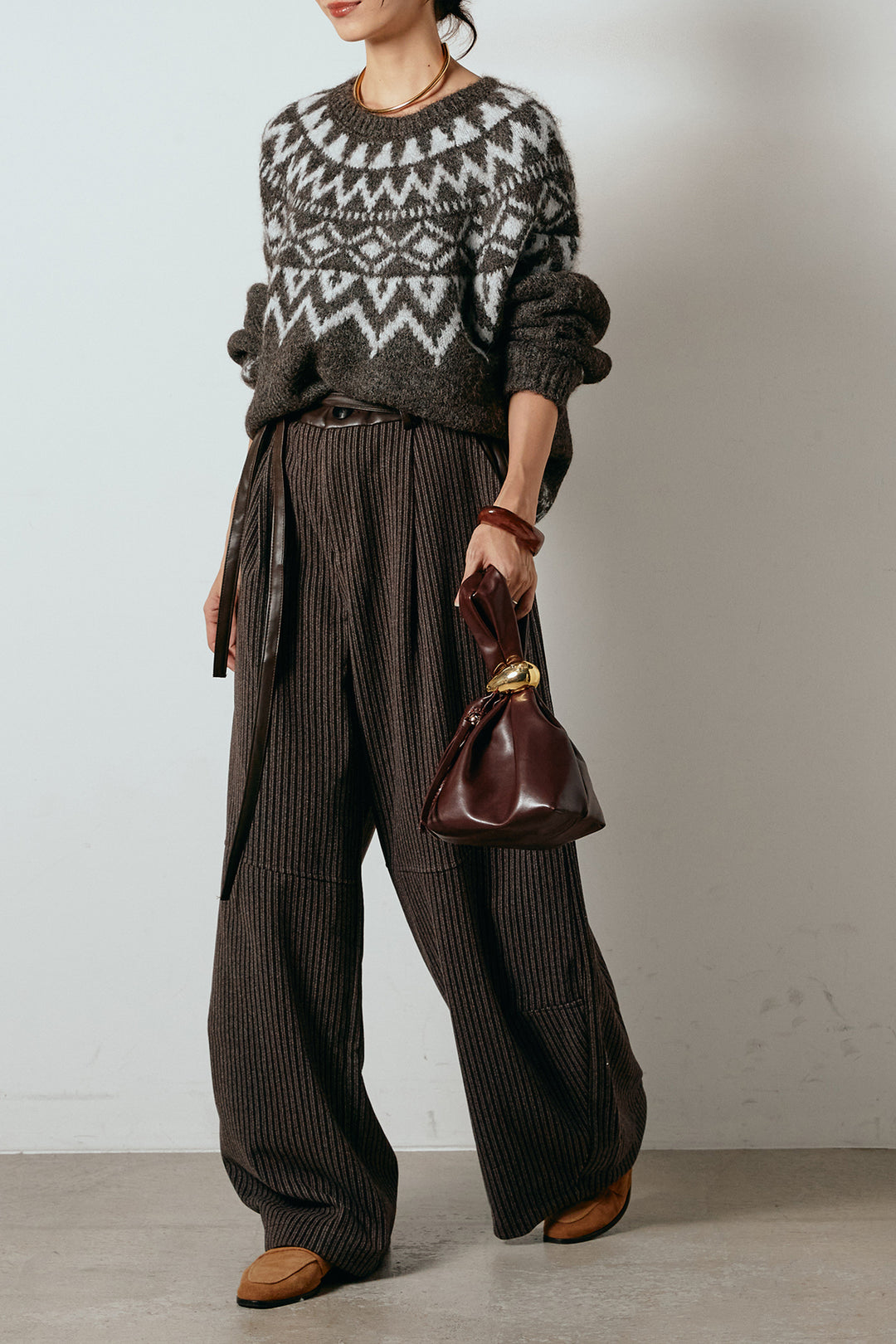 [SET]ノルディック柄Uネックプルオーバー+レザーライク配色ストライプパンツ(2set)