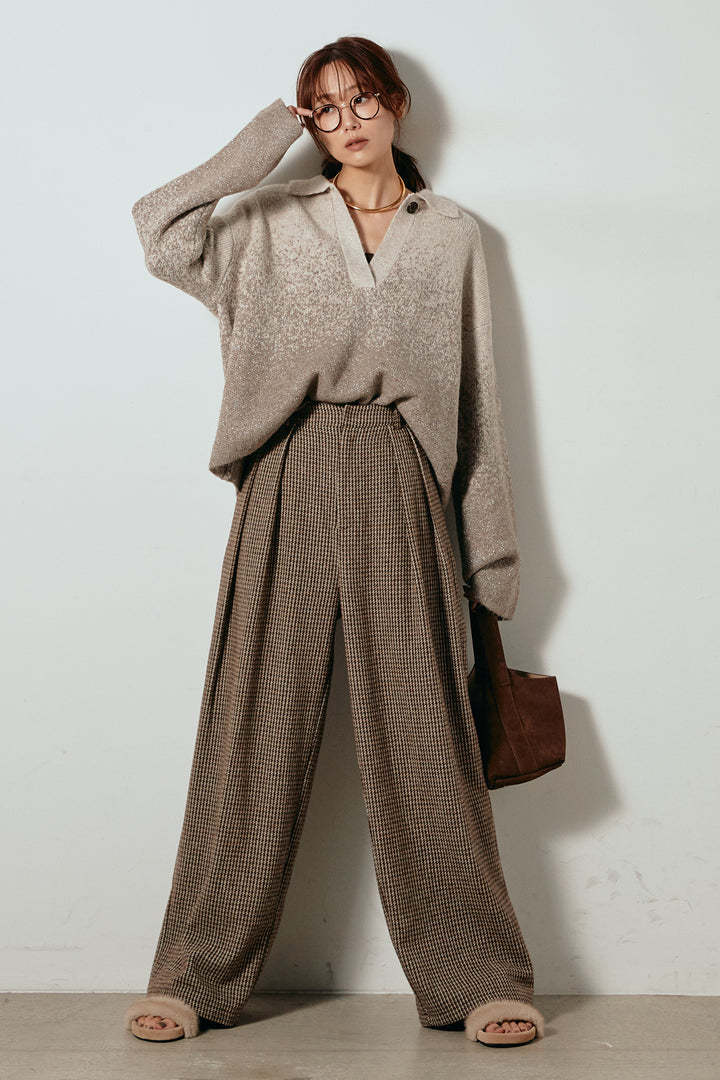 [SET]グラデーションラメニットキーネックプルオーバー+ガンクラブチェックタックパンツ(2set)