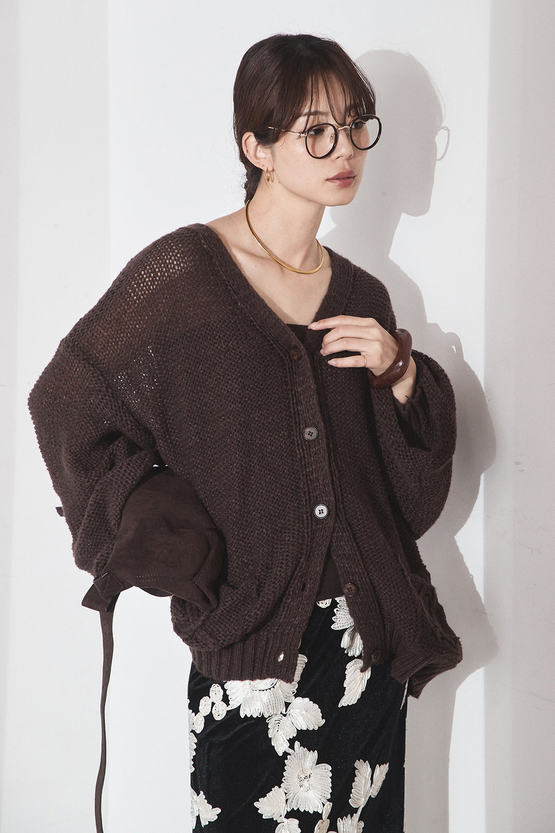 [SET]コード刺繍リラックスニットカーディガン+フラワー刺繍ワイドスカート(2set)