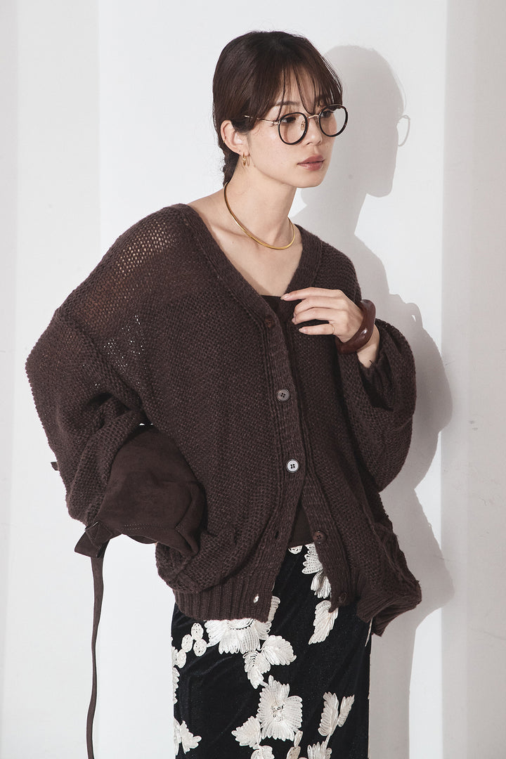 [SET]コード刺繍リラックスニットカーディガン+フラワー刺繍ワイドスカート(2set)