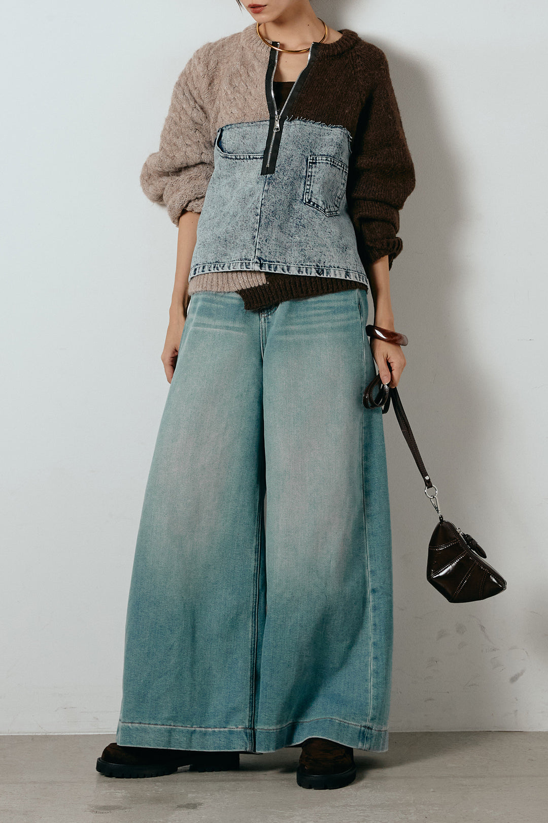 [SET]ハーフジップニットデニムドッキングトップス+ウエストダブルボタンワイドデニムパンツ(2set)