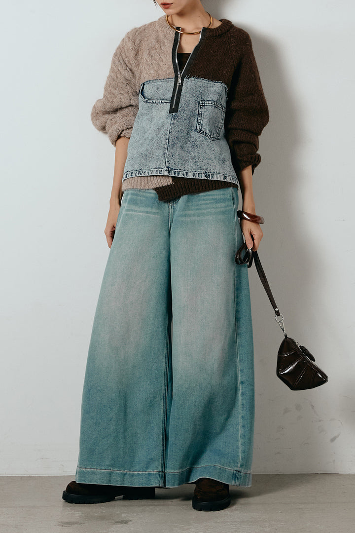 [SET]ハーフジップニットデニムドッキングトップス+ウエストダブルボタンワイドデニムパンツ(2set)