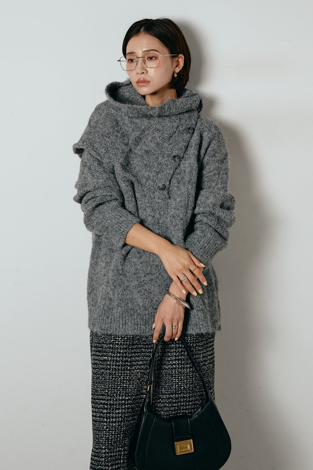 [SET]ケープデザインケーブルニットトップス+グレンチェック柄フロントジップタイトスカート(2set)