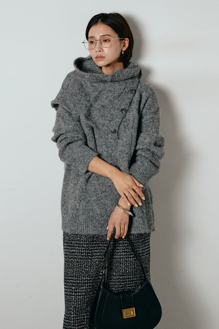 [SET]ケープデザインケーブルニットトップス+グレンチェック柄フロントジップタイトスカート(2set)