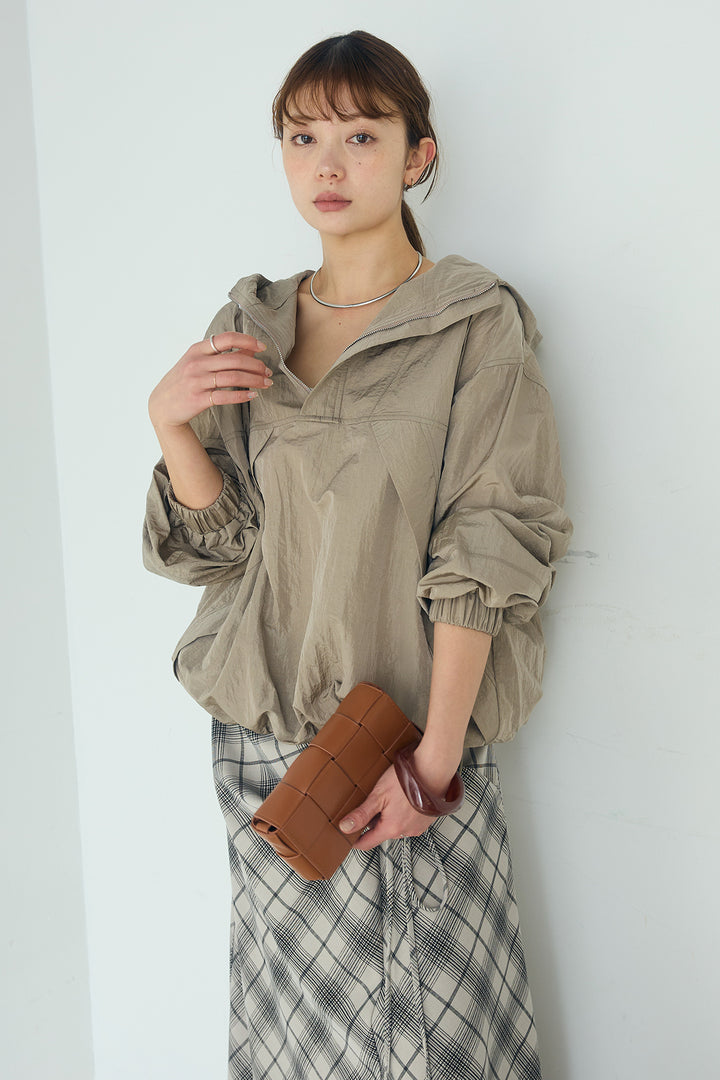 [SET]ナイロンフーディーブルゾンアウター+タータンチェック柄フロントデザインスカート(2set)