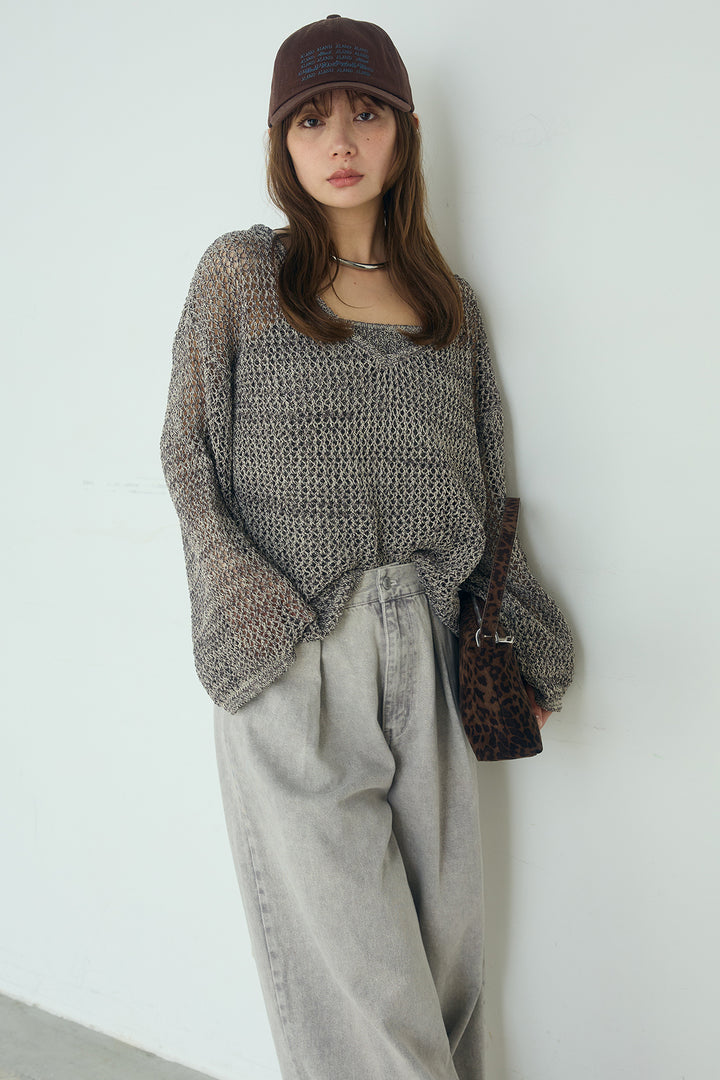 [SET]メッシュ編みビスチェセットVネックプルオーバー+カラーデニムタックカーブパンツ(2set)