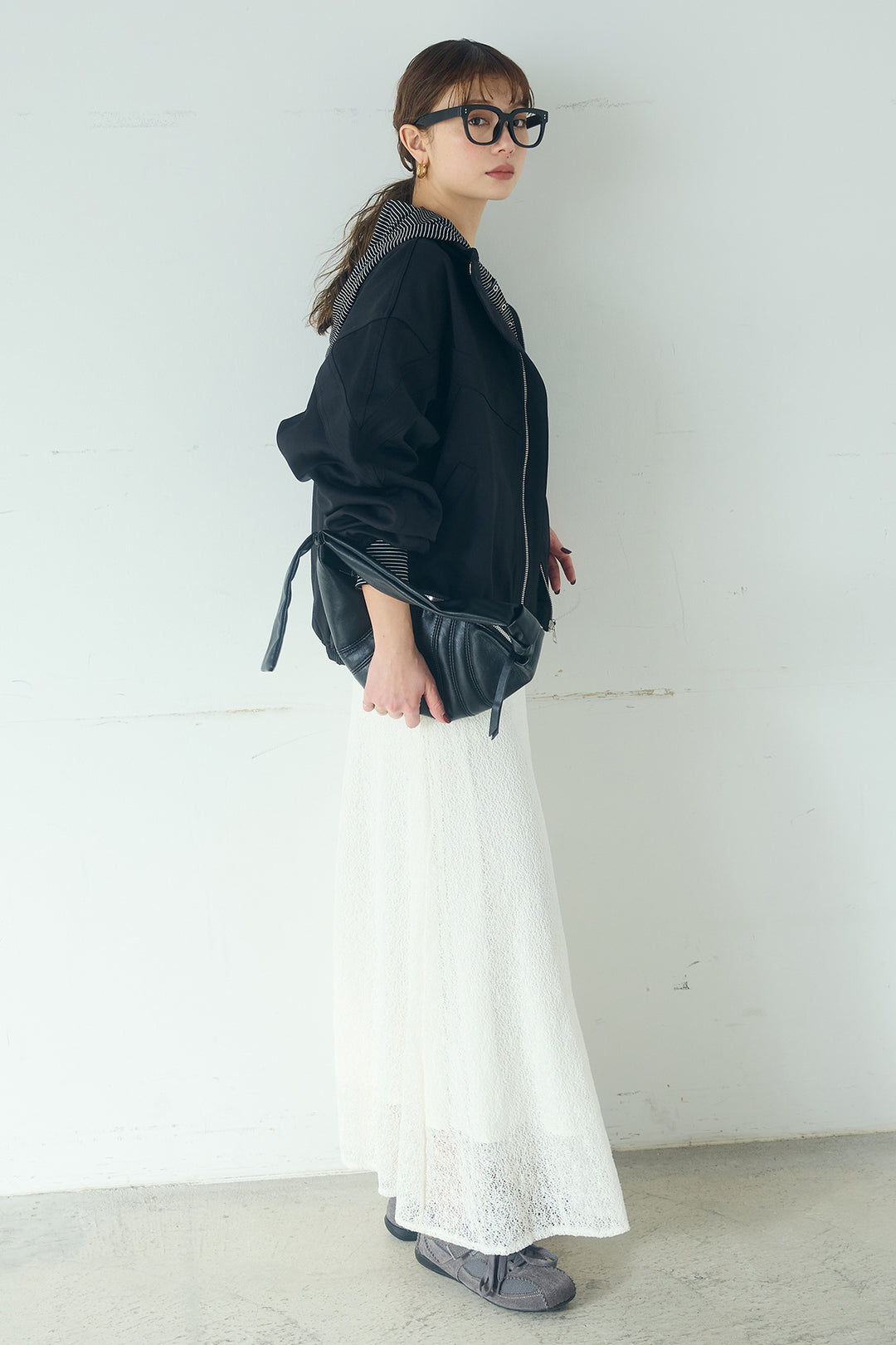 [SET]マルチ切り替えドルマンブルゾン+メッシュ刺繍ロングスカート+ボーダーフーディーロンT(3set)