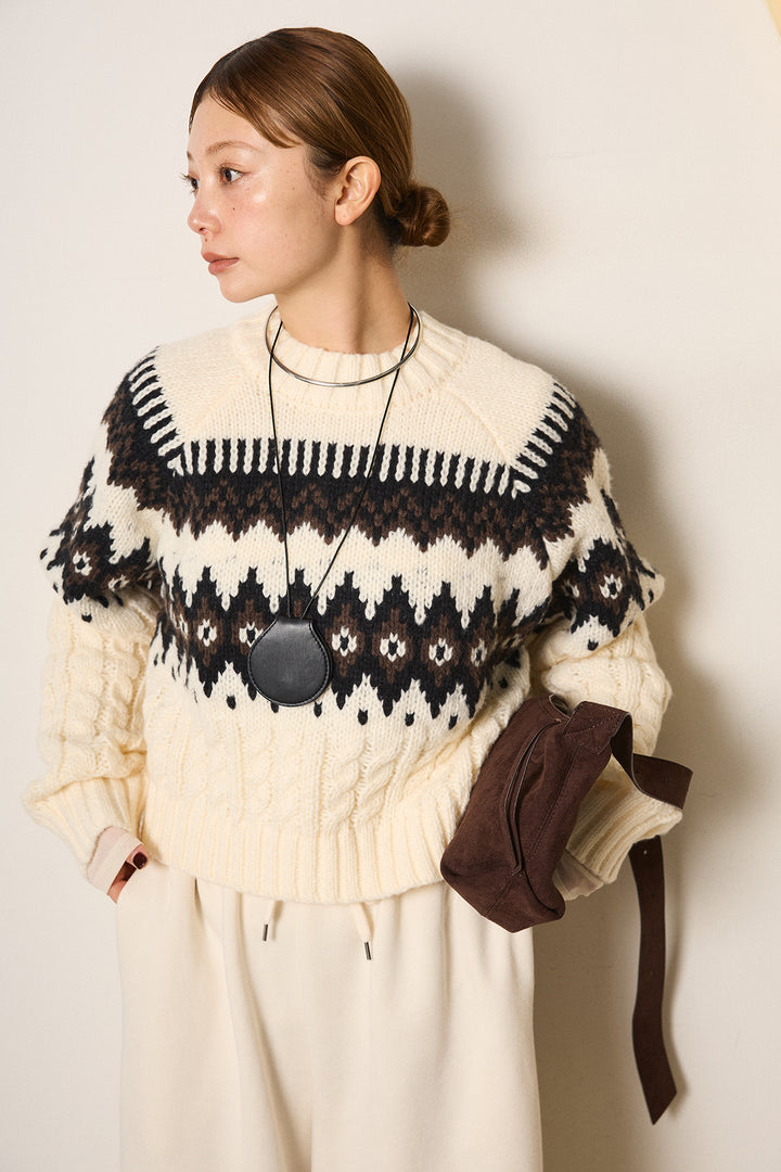 [SET]2WAY求心柄ジャガードショートカーディガン+裏起毛スウェットワイドパンツ+2WAY袖コード刺繍クルーネックプルオーバー(3set)