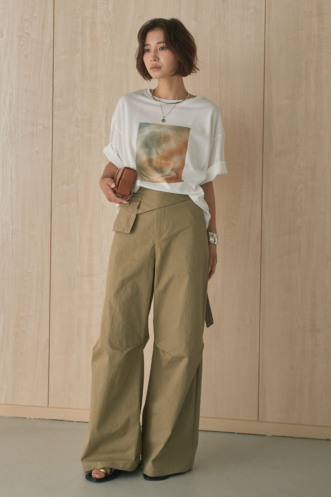 [SET]MarbleプリントTシャツ+ポケットベルト付きニーサイドタックパンツ(2set)