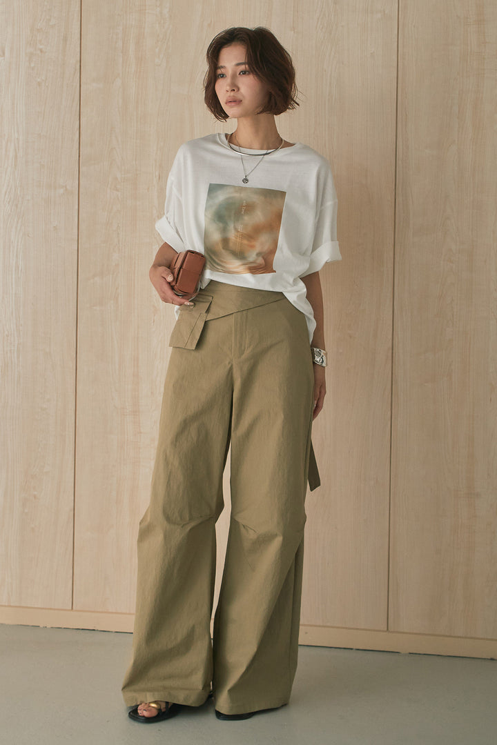[SET]MarbleプリントTシャツ+ポケットベルト付きニーサイドタックパンツ(2set)