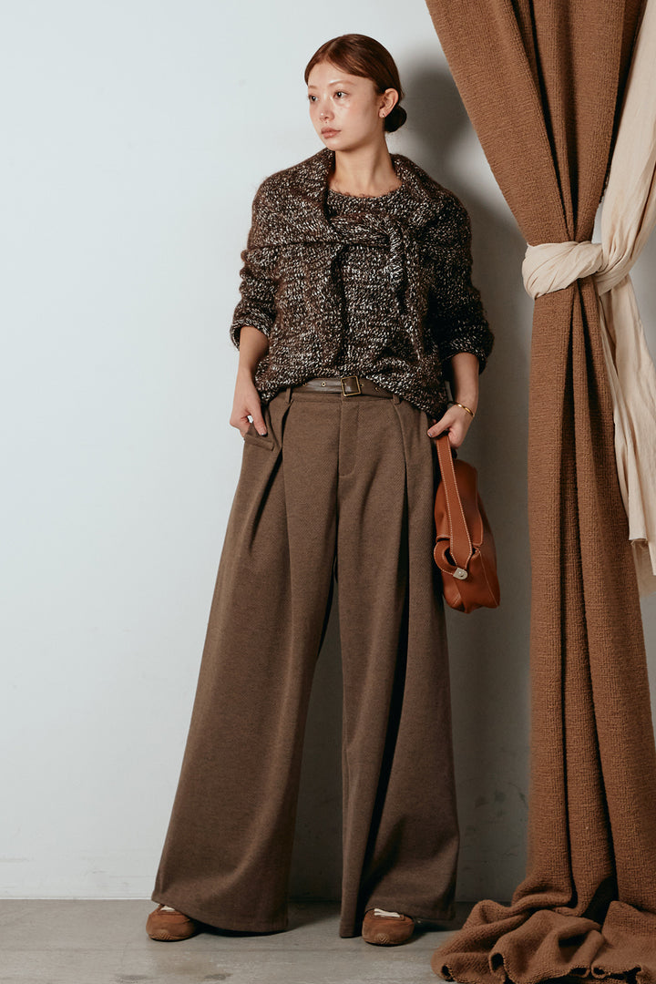 [SET]スカーフ付きミックスニットトップス+細ベルト付き起毛タックワイドパンツ(2set)