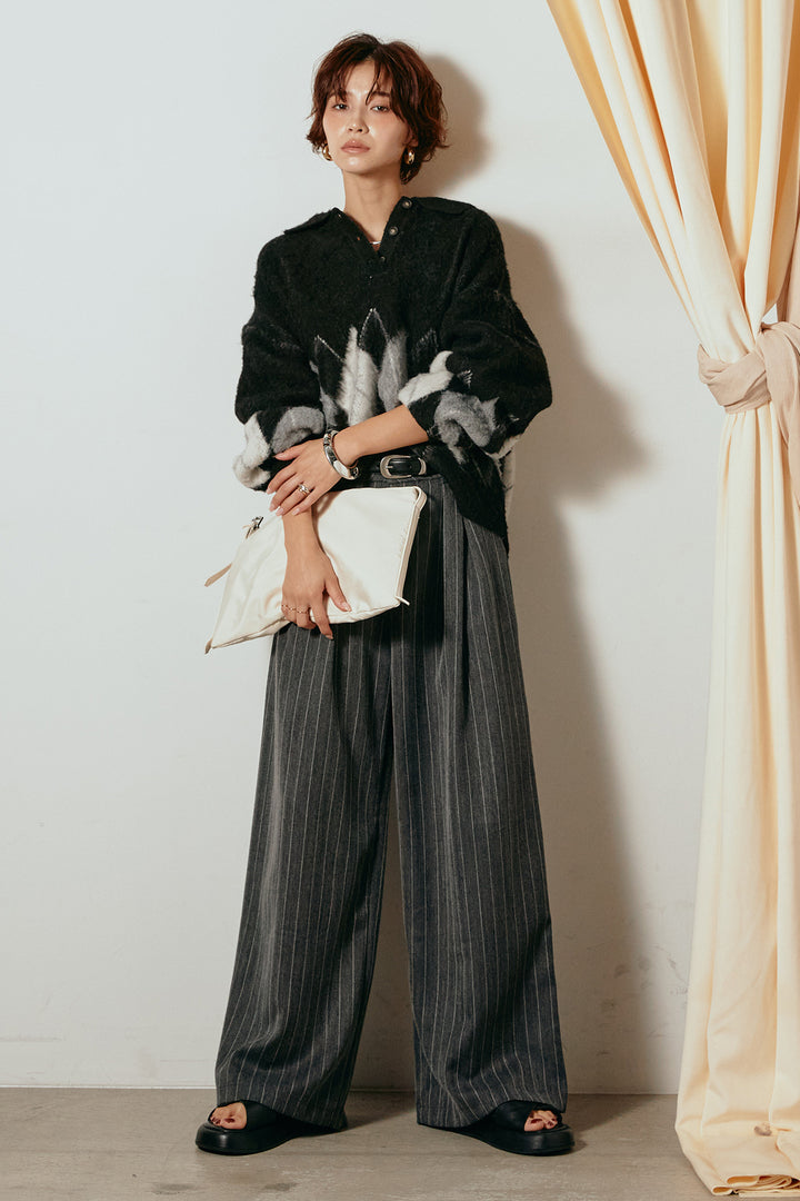 [SET]アーガイル柄ポロニットトップス+ストライプヘリンボーンパンツ(2set)