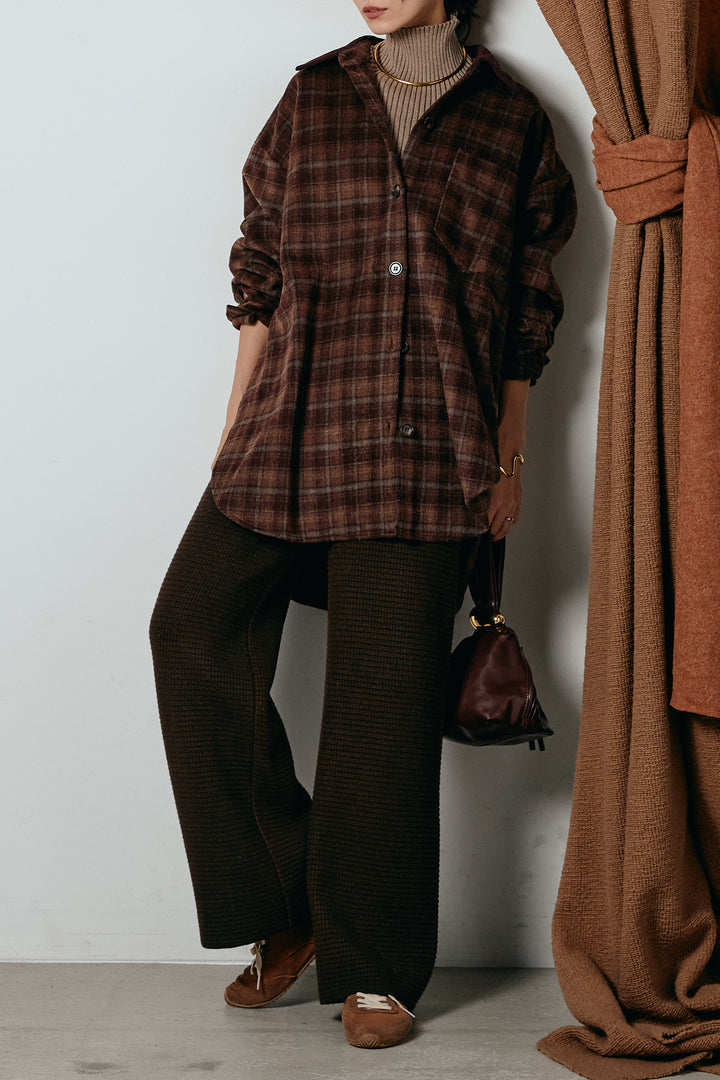 [SET]シャギーチェックシャツジャケット+ワイドリブニットイージーパンツ+リブニットシームレスタートルプルオーバー(3set)