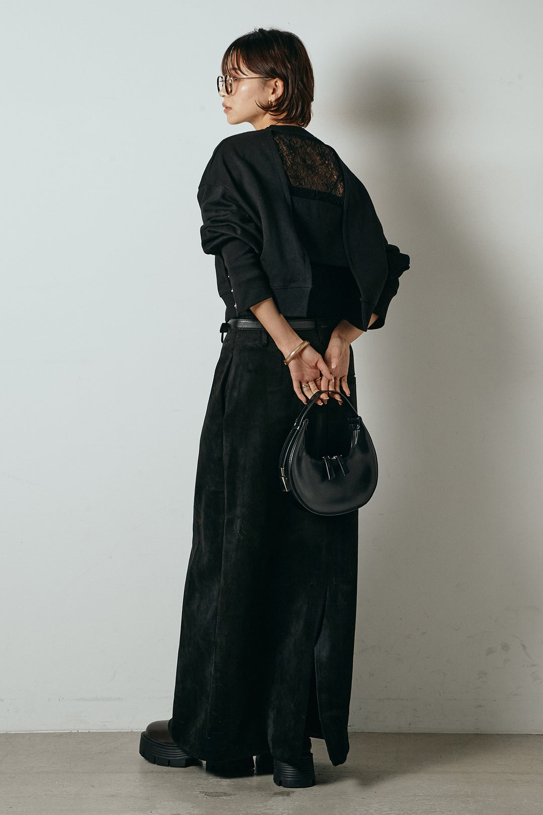 [SET]裏毛バックオープンプルオーバー+エコスウェードワイドスカート+ストレッチレースクルーネックインナー(3set)